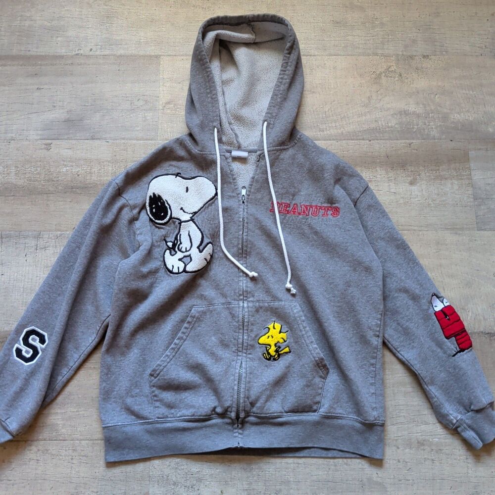 Peanuts Snoopy Woodstock Gray Full Zip Hoodie Sweatshirt Embroidered Patches S